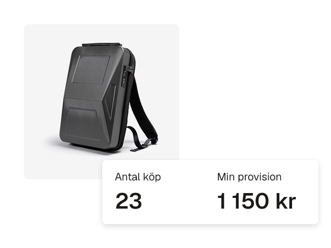 Produkt med statistik som visar antal köp och intjänad provision.